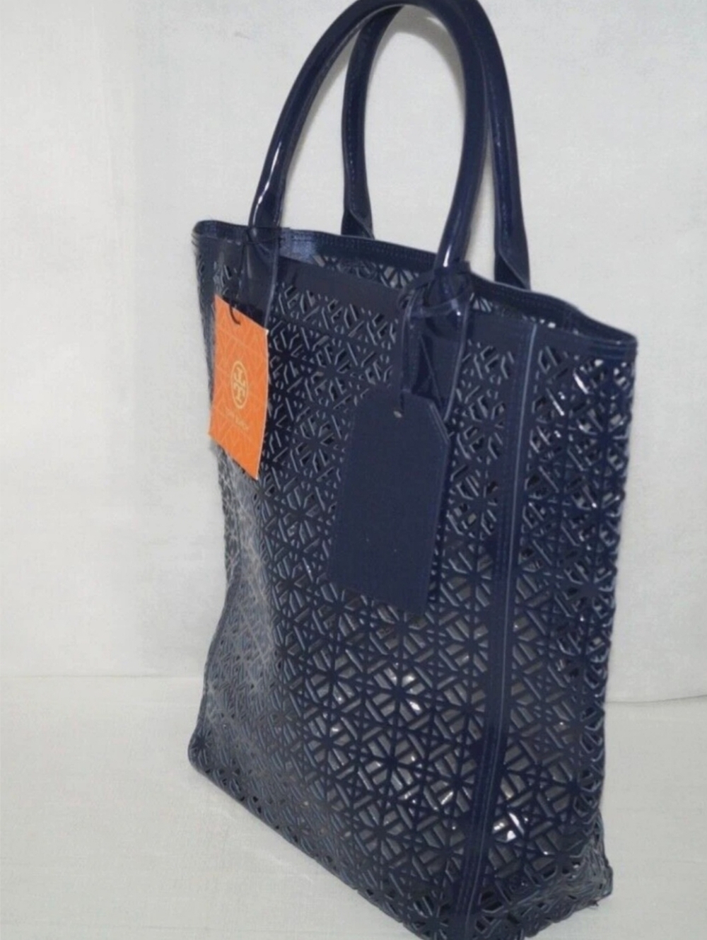 Tory Burch Laser Cut Navy Blue Tote - Picture 3 of 9